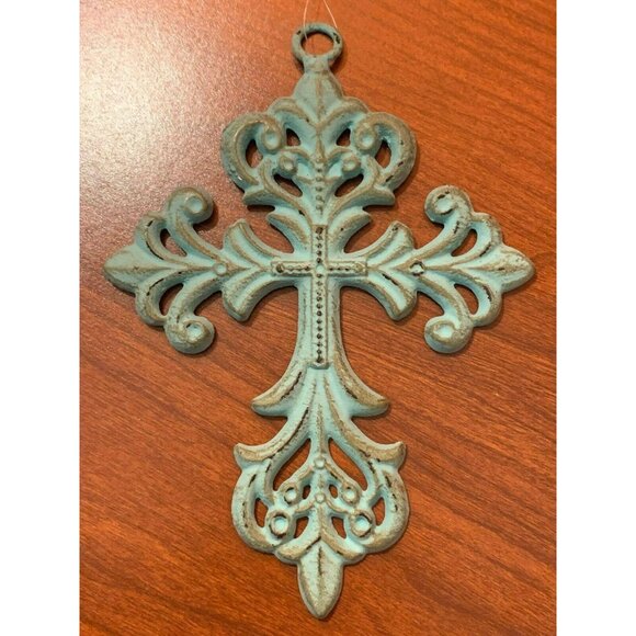 Metal Aqua Cross Wall Decor Rustic Look Ornate Small 6.5 x 5" Tall U54 - Picture 1 of 3